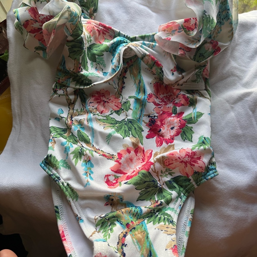 Janie and Jack Floral One-Piece Swimsuit in White, Pink, Green